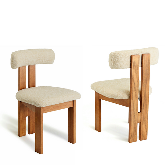 Ready to Ship Solid Ashwood Natural Boucle Dining Chair with White Luxury Fabric (SET OF 2 PCS)