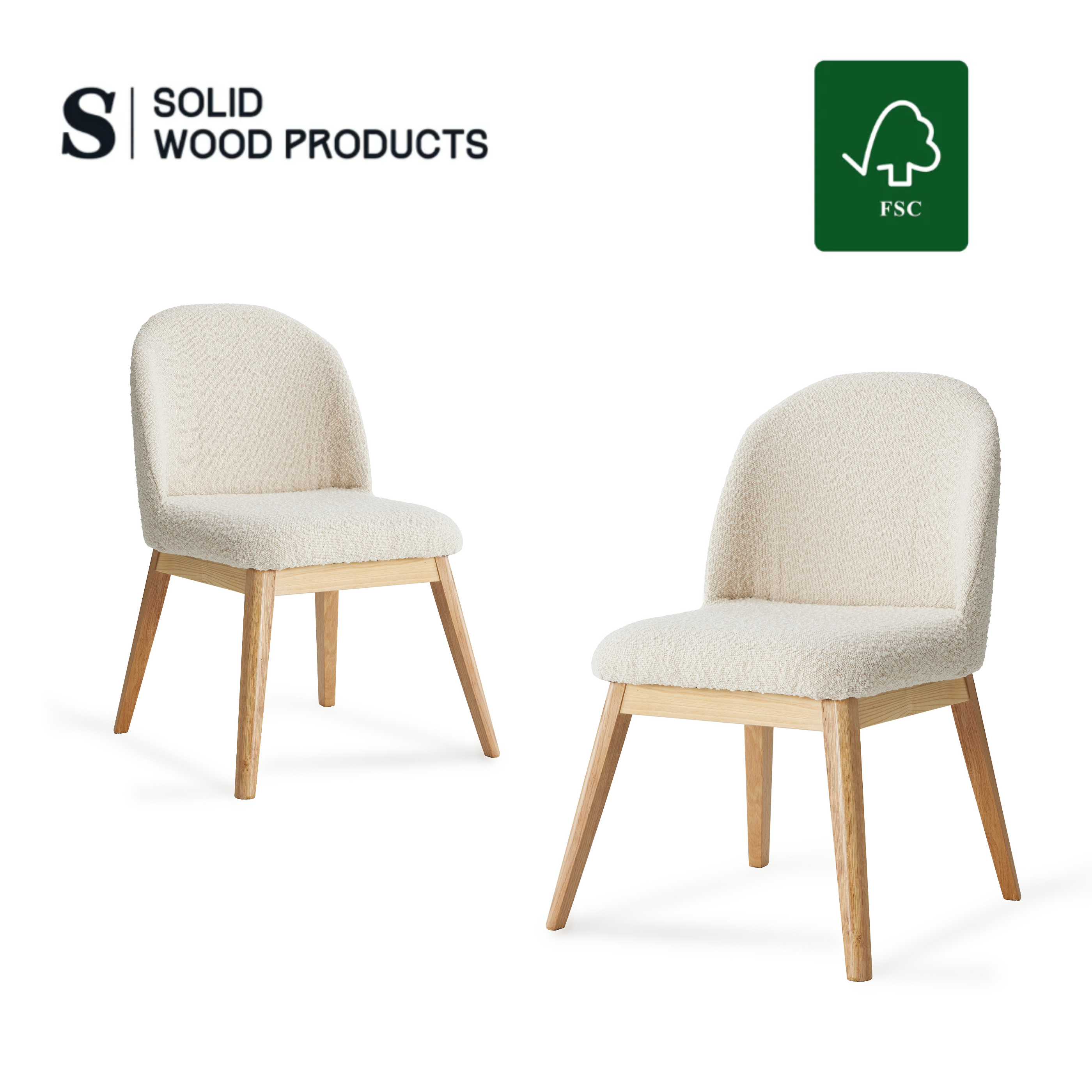 Ready to Ship Solid Ashwood Natural Boucle Dining Chair with White Luxury Fabric (SET OF 2 PCS) Luxury Wood Tables