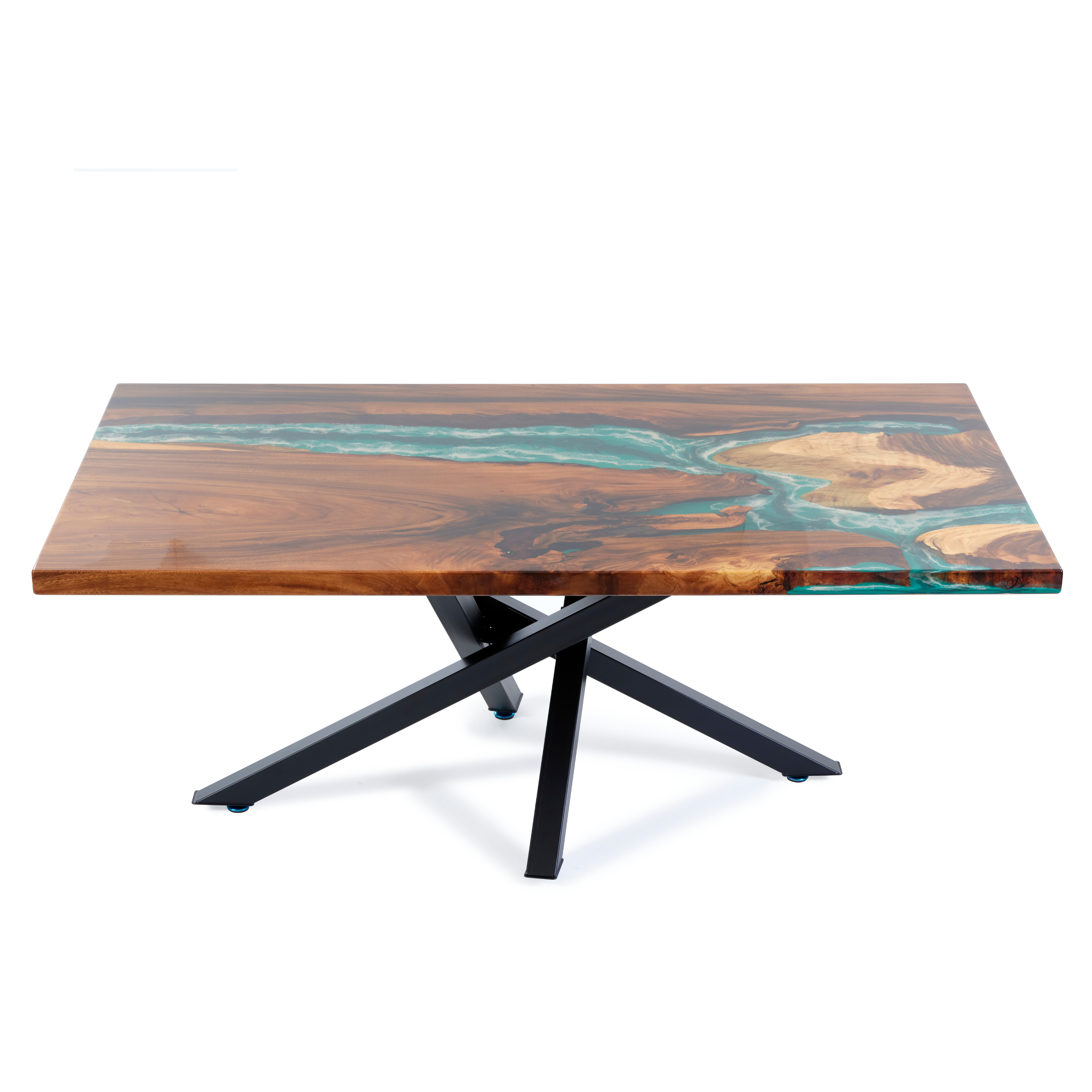 8 ft Resin Table Blue Ocean Style Resin Epoxy River Table With Cross-shaped Legs Luxury Wood Tables