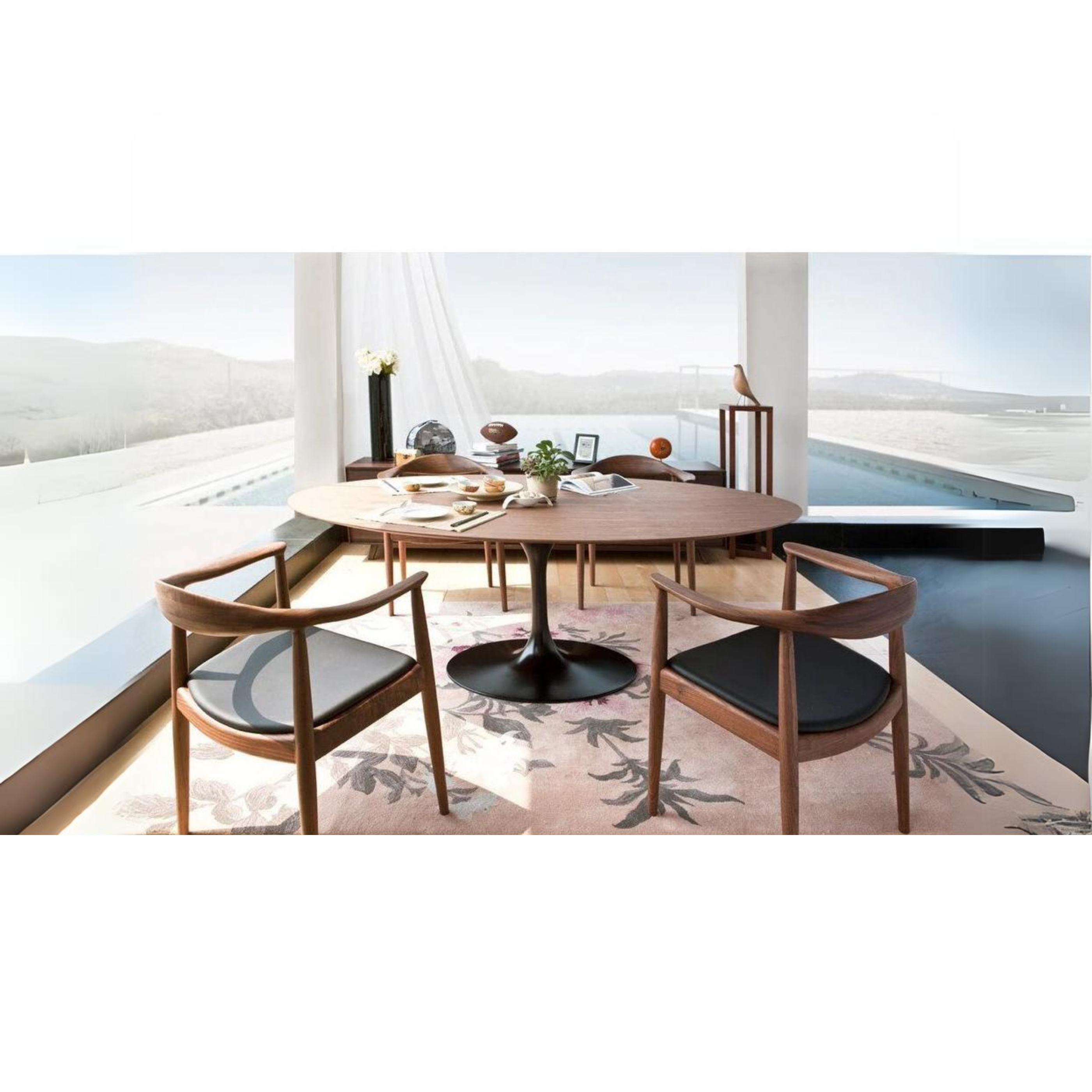 Hans Wegner Style Wooden Dining Chair - Walnut Stain - Black Cushion Luxury Wood Tables