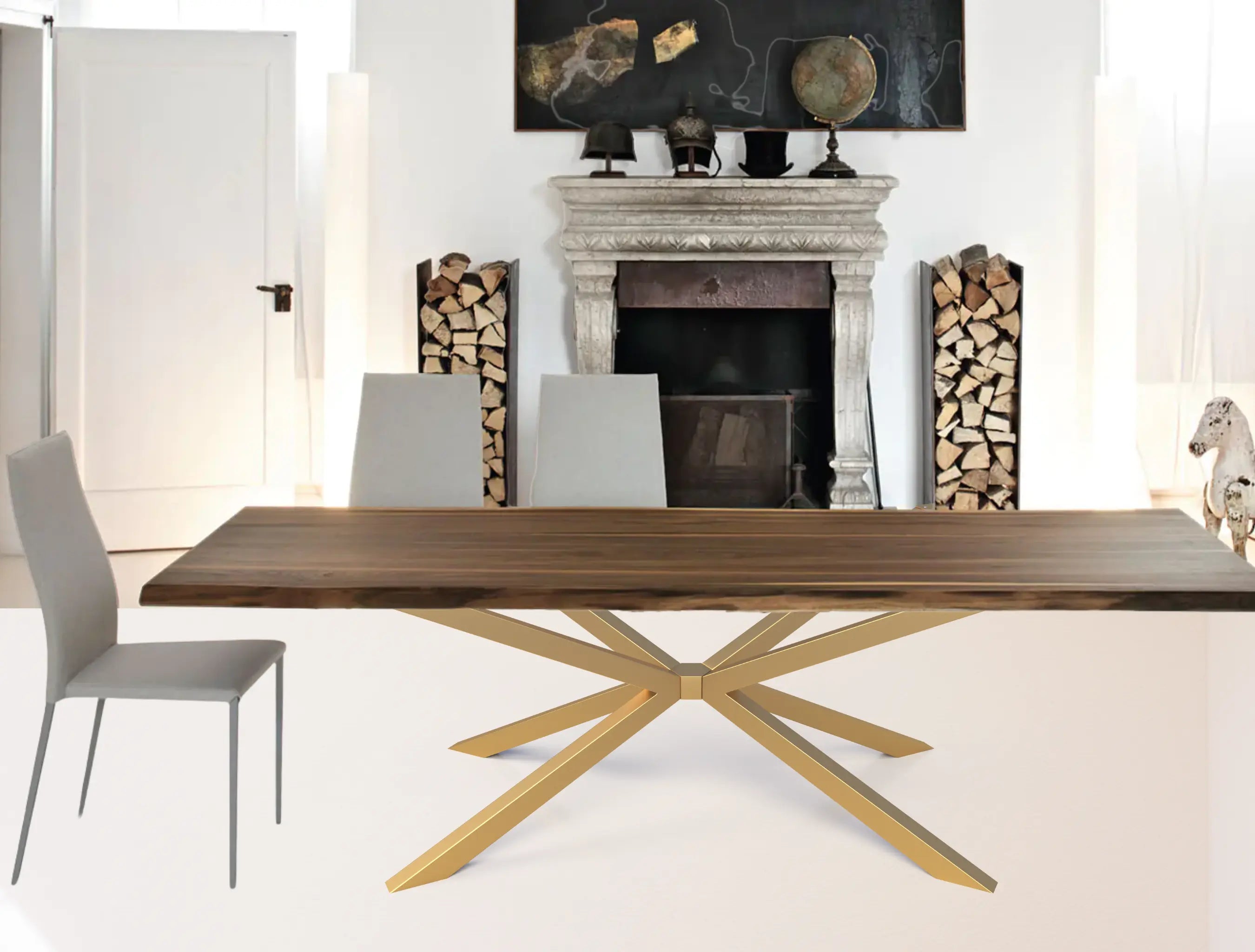 5/6/7/8 ft Straight edge Acacia Wood Dining Table With Gold Spider Legs Luxury Wood Tables