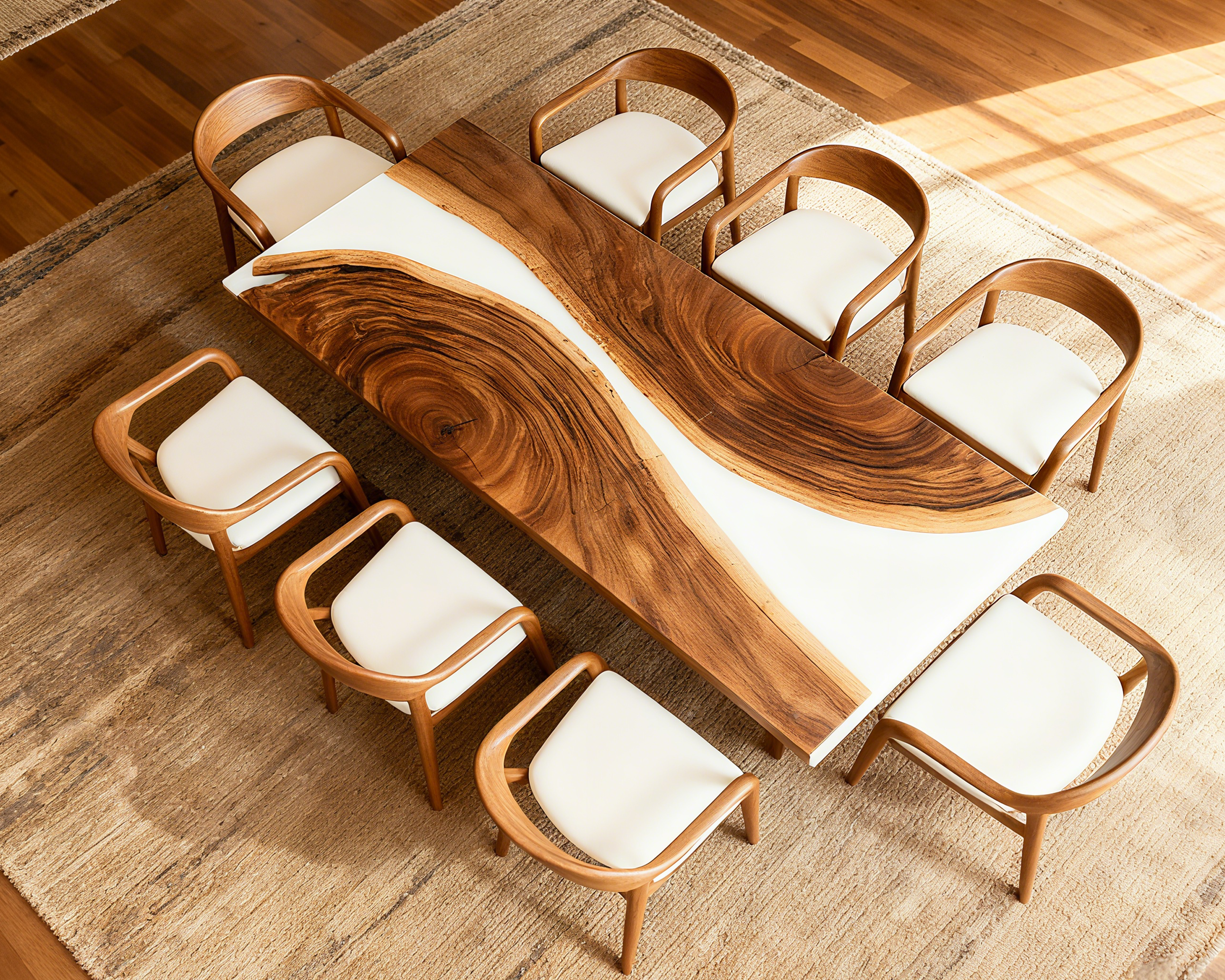 Luxury Epoxy River Dining Table – Live Edge Wood & White Resin
