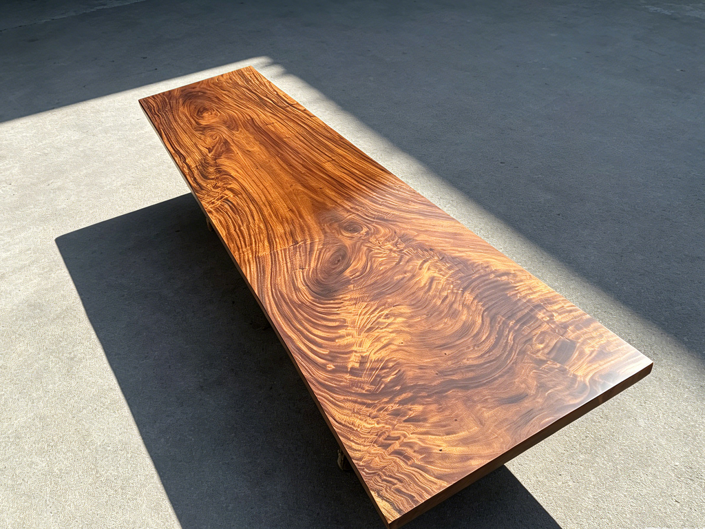 Fiji Acacia Live Edge Slab Table with Modern U-Shaped Steel Base Luxury Wood Tables