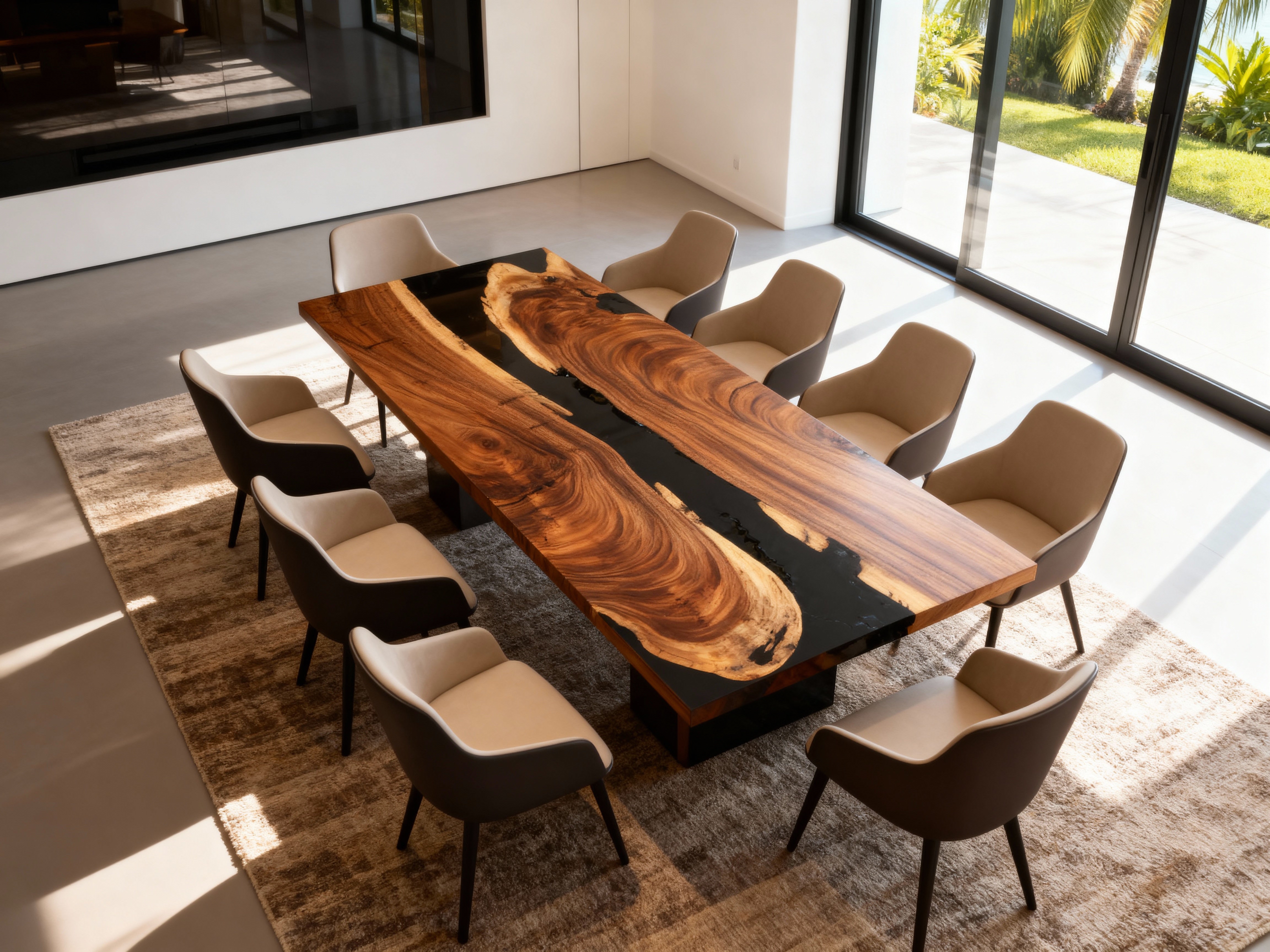 Dining table with a wooden top and black base, surrounded by chairs in a modern room.