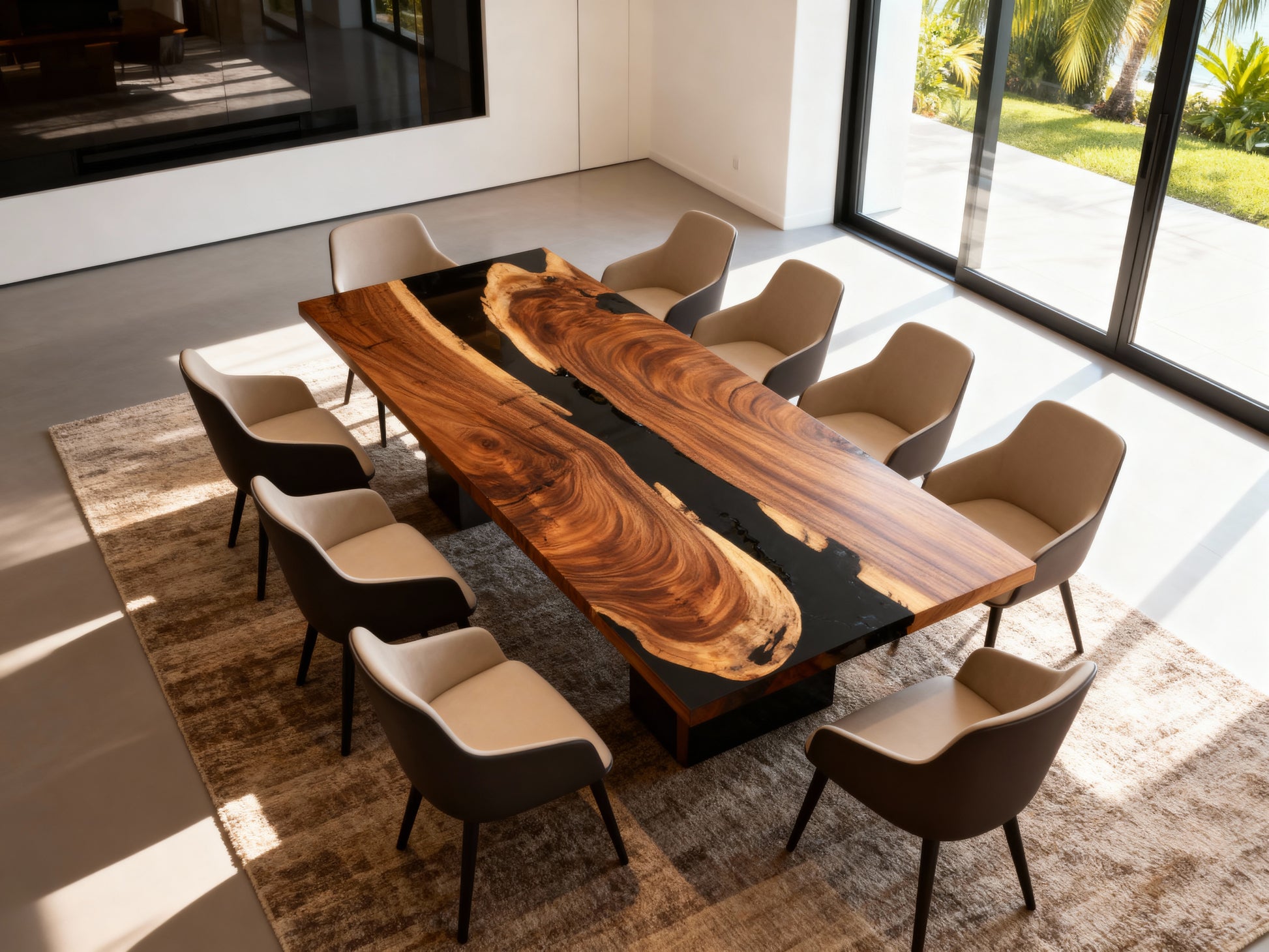 Dining table with a wooden top and black base, surrounded by chairs in a modern room.