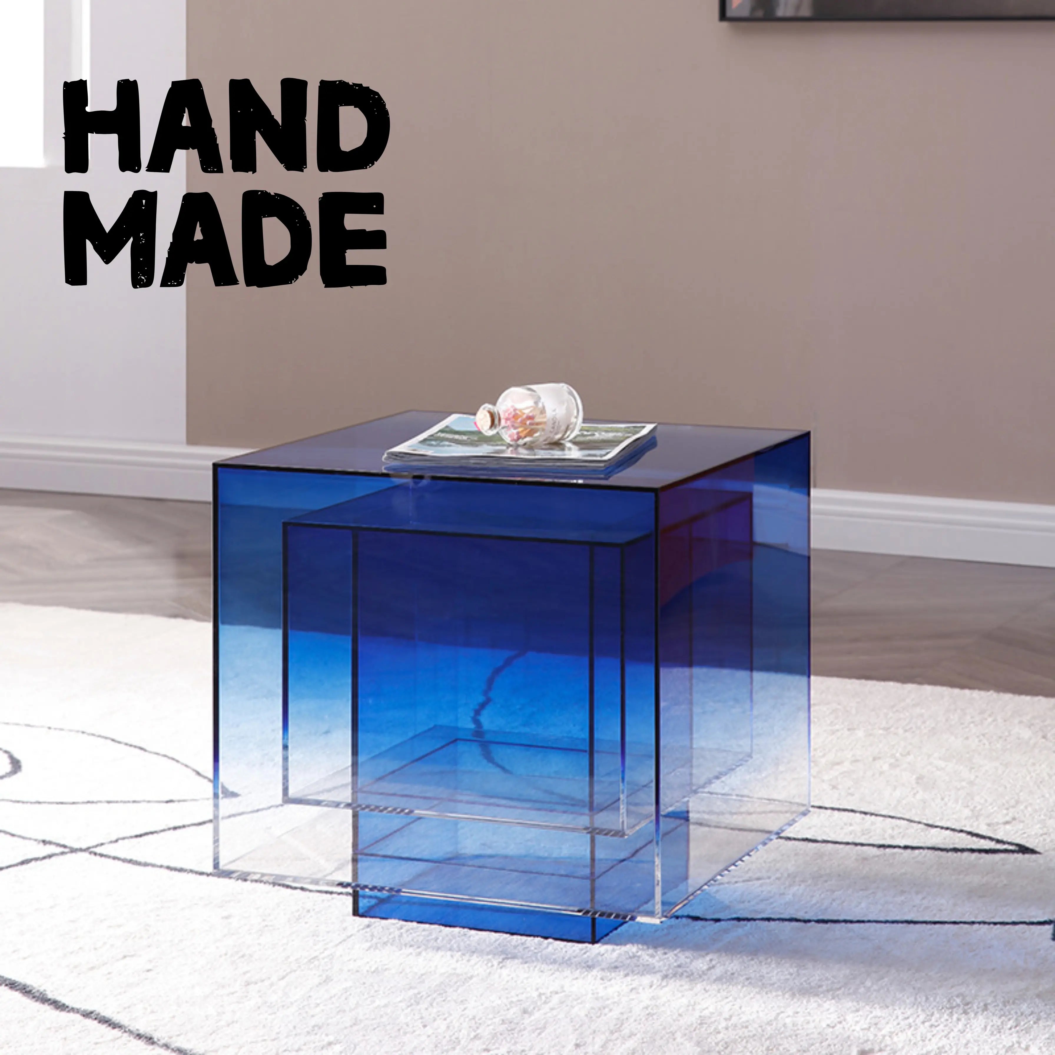 Blue Cube Acrylic Coffee Table Luxury Wood Tables