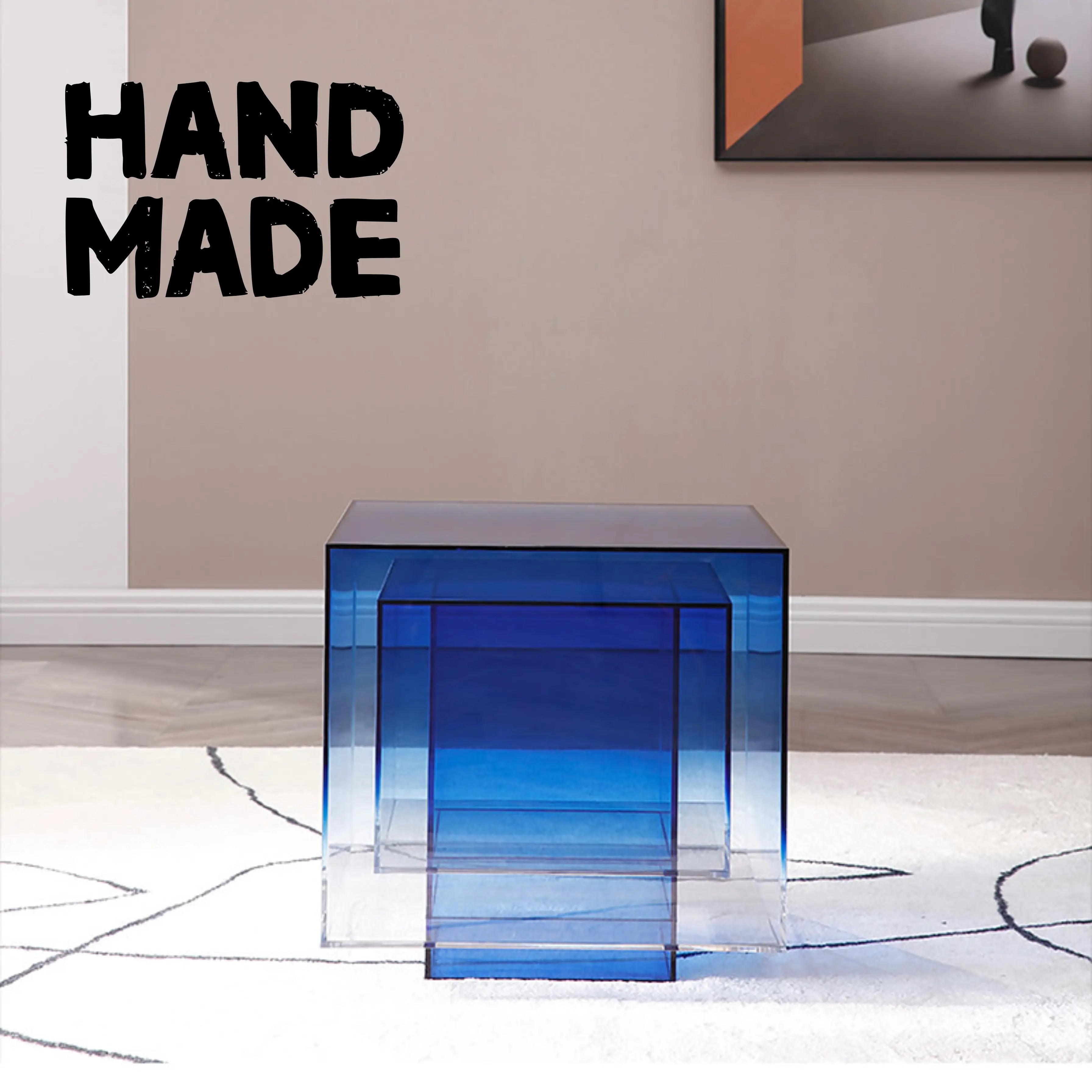 Blue Cube Acrylic Coffee Table Luxury Wood Tables