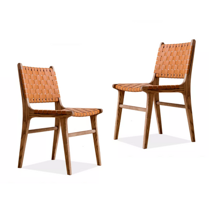 Ready to Ship Solid Wood Bonded Leather Woven Chair with White Leather(SET OF 2 PCS)
