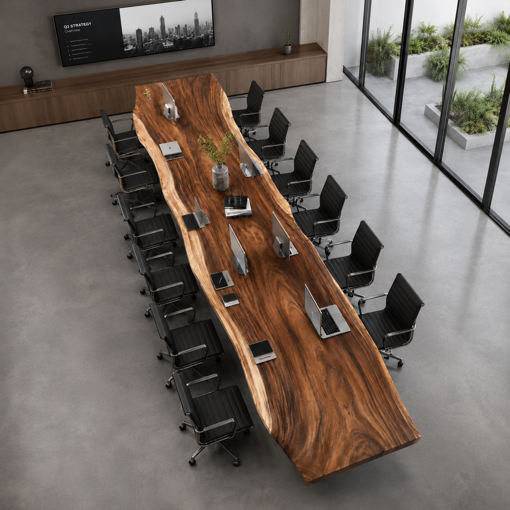 Fiji Acacia Live Edge Slab Table with Modern Cross-Shaped Steel BaseExtra-Long Solid Wood Conference Table Luxury Wood Tables