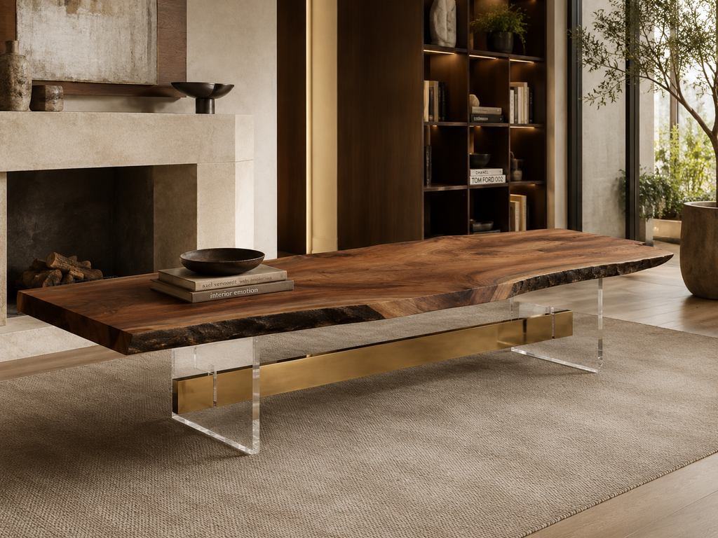 Fiji Acacia Live Edge Dining Table with Sculptural Clear Lucite Acrylic Base Luxury Wood Tables