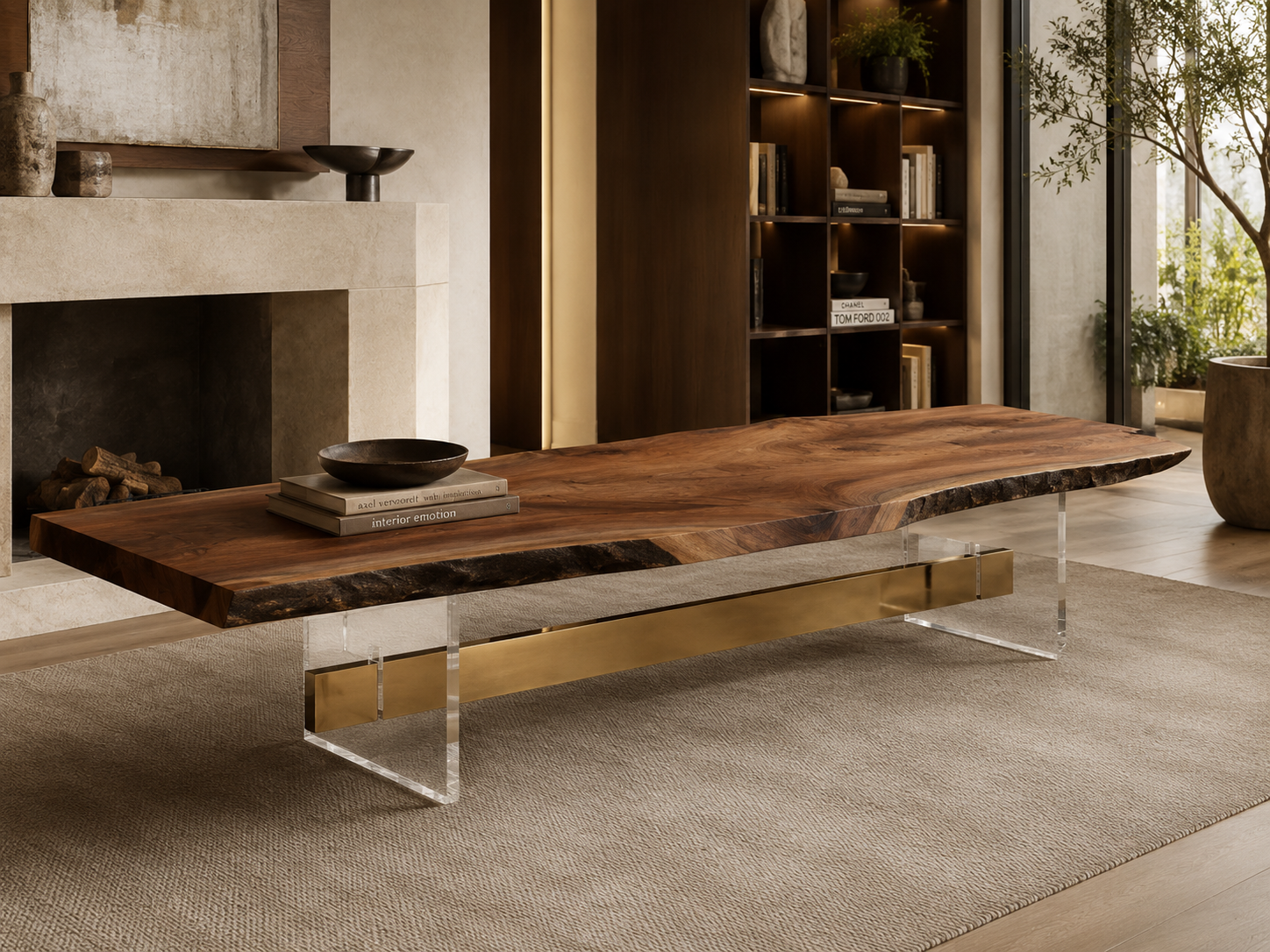 Fiji Acacia Live Edge Dining Table with Sculptural Clear Lucite Acrylic Base Luxury Wood Tables