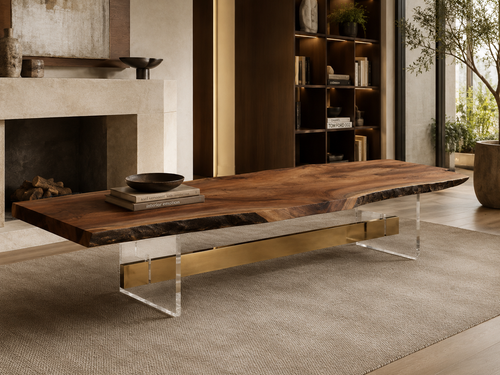 Fiji Acacia Live Edge Dining Table with Sculptural Clear Lucite Acrylic Base Luxury Wood Tables