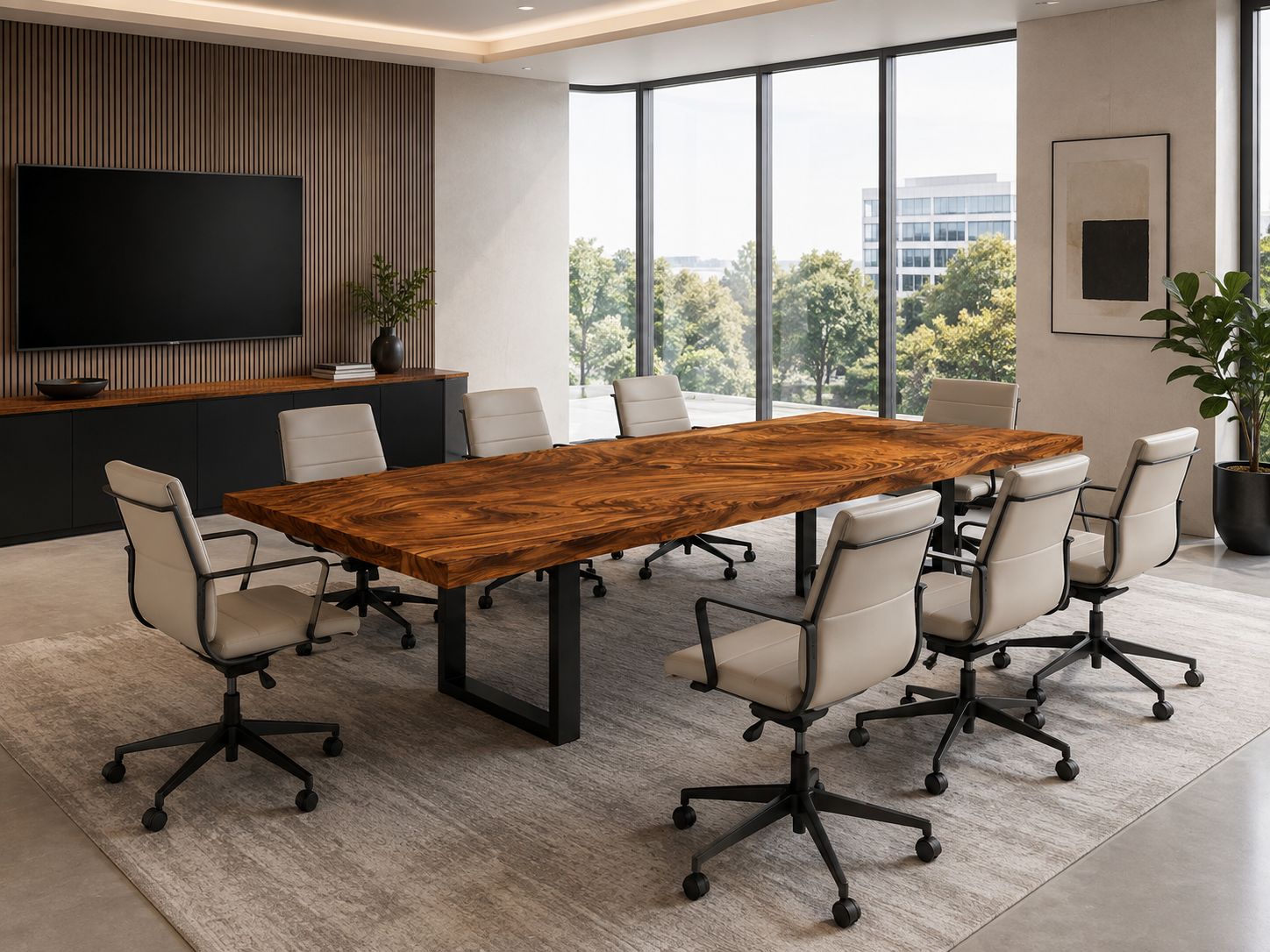 Fiji Acacia Live Edge Slab Table with Modern U-Shaped Steel Base Luxury Wood Tables