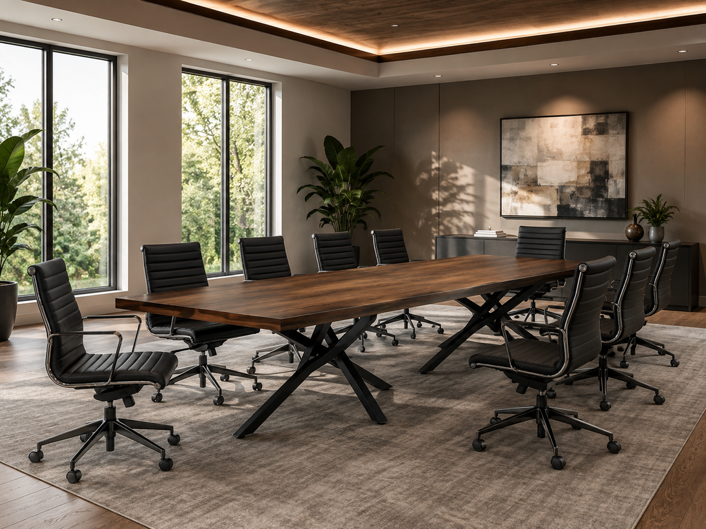 Fiji Acacia Live Edge Slab Table with Modern Cross-Shaped Steel Base Luxury Wood Tables