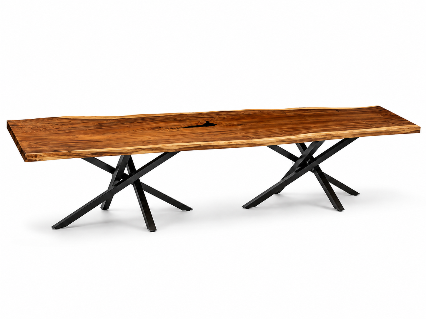 Fiji Acacia Live Edge Slab Table with Modern Cross-Shaped Steel Base Luxury Wood Tables