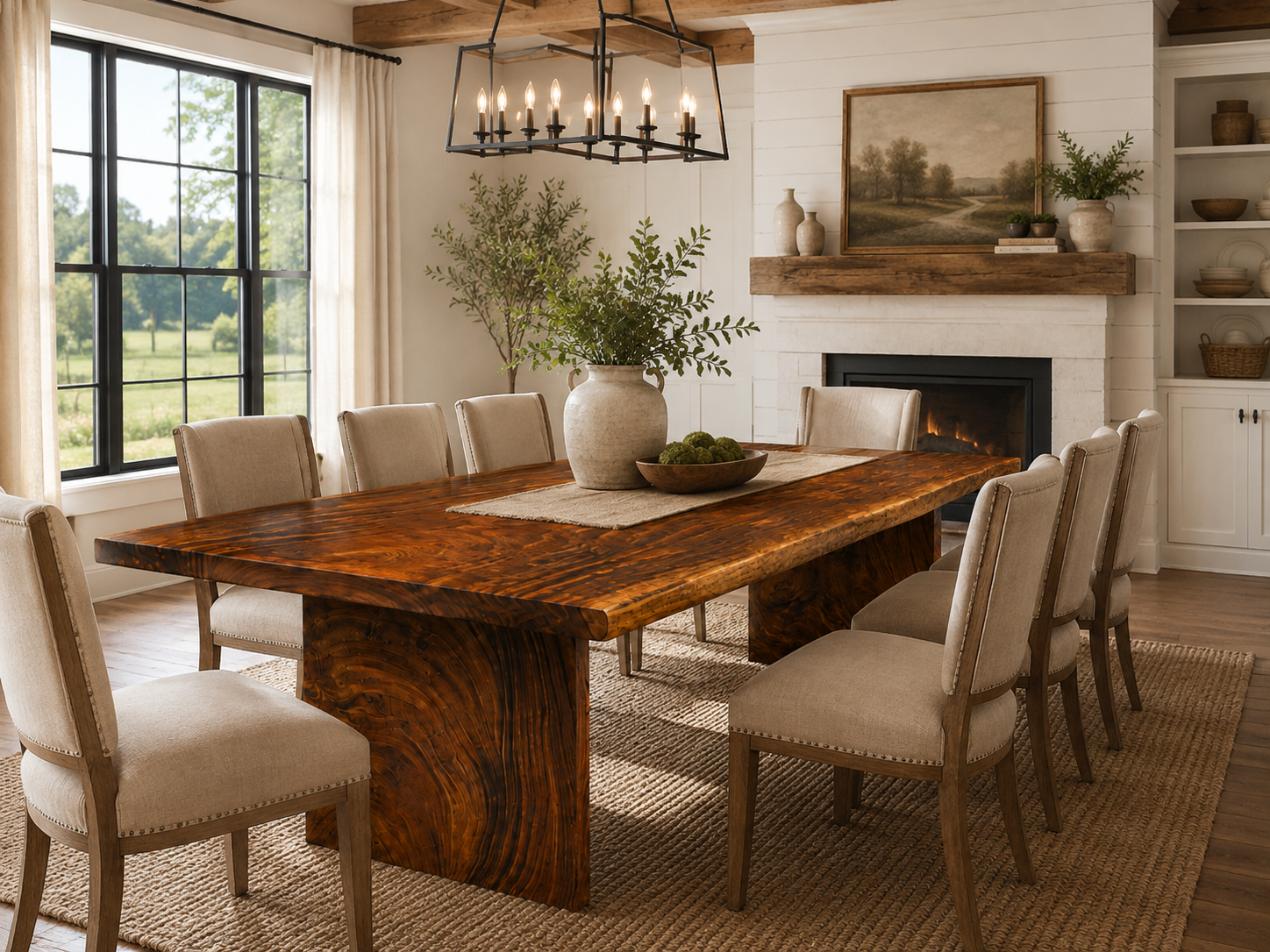 Farm House Style Fiji Acacia Live Edge Dining Table with Wooden Table Base Luxury Wood Tables