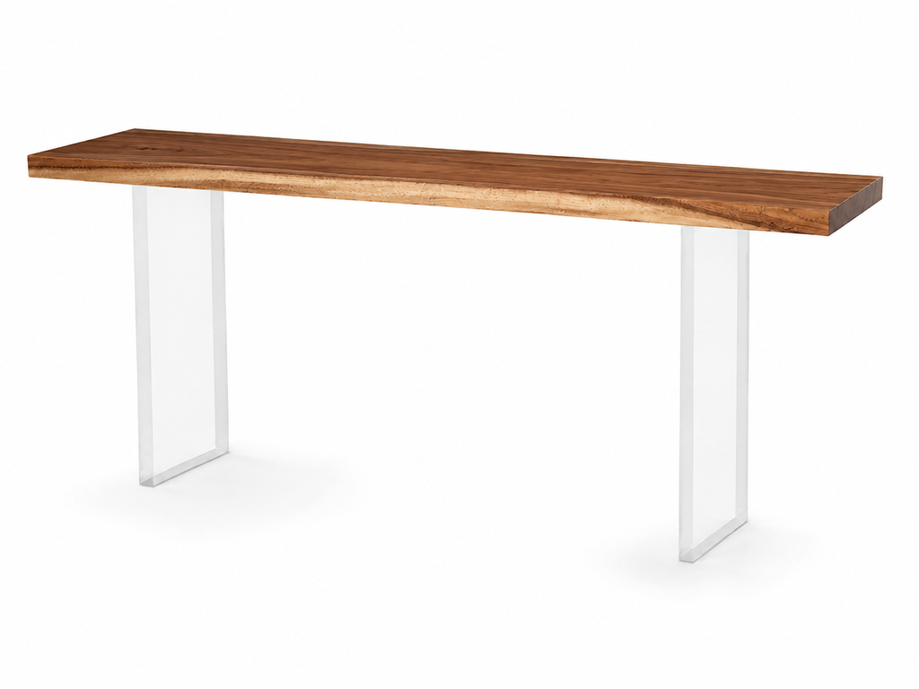 Fiji Acacia Live Edge Console Table with Floating Acrylic Legs Luxury Wood Tables