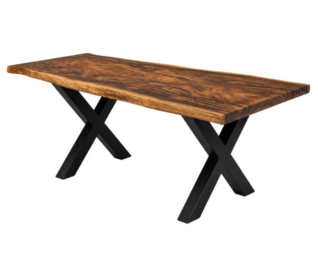 A live-edge wooden dining table with a rich brown wood grain top and black metal X-shaped legs, shown on a clean white background.