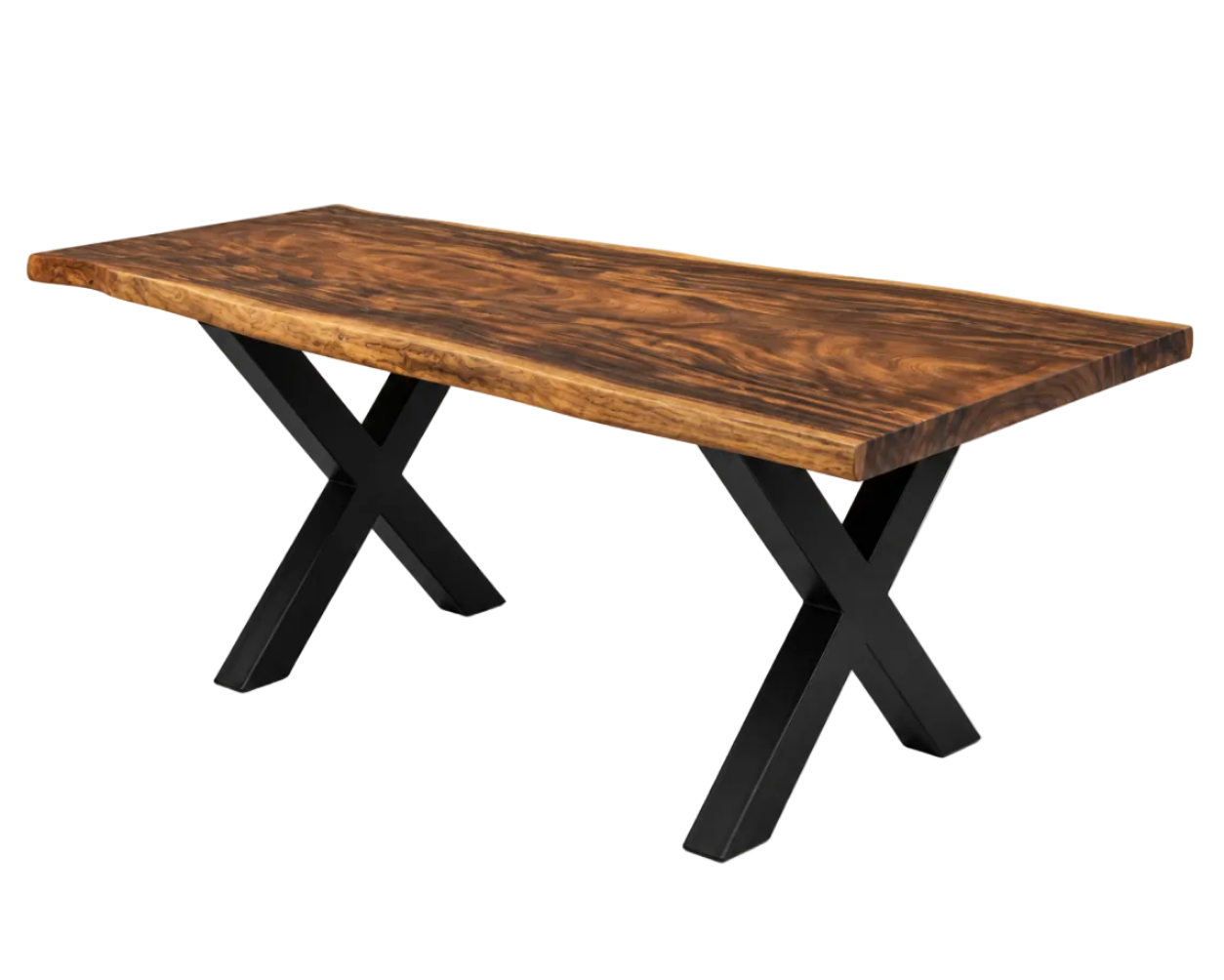 A live-edge wooden dining table with a rich brown wood grain top and black metal X-shaped legs, shown on a clean white background.