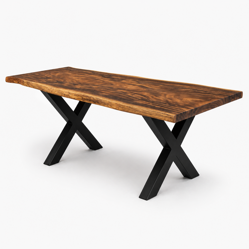 A live-edge wooden dining table with a rich brown wood grain top and black metal X-shaped legs, shown on a clean white background.