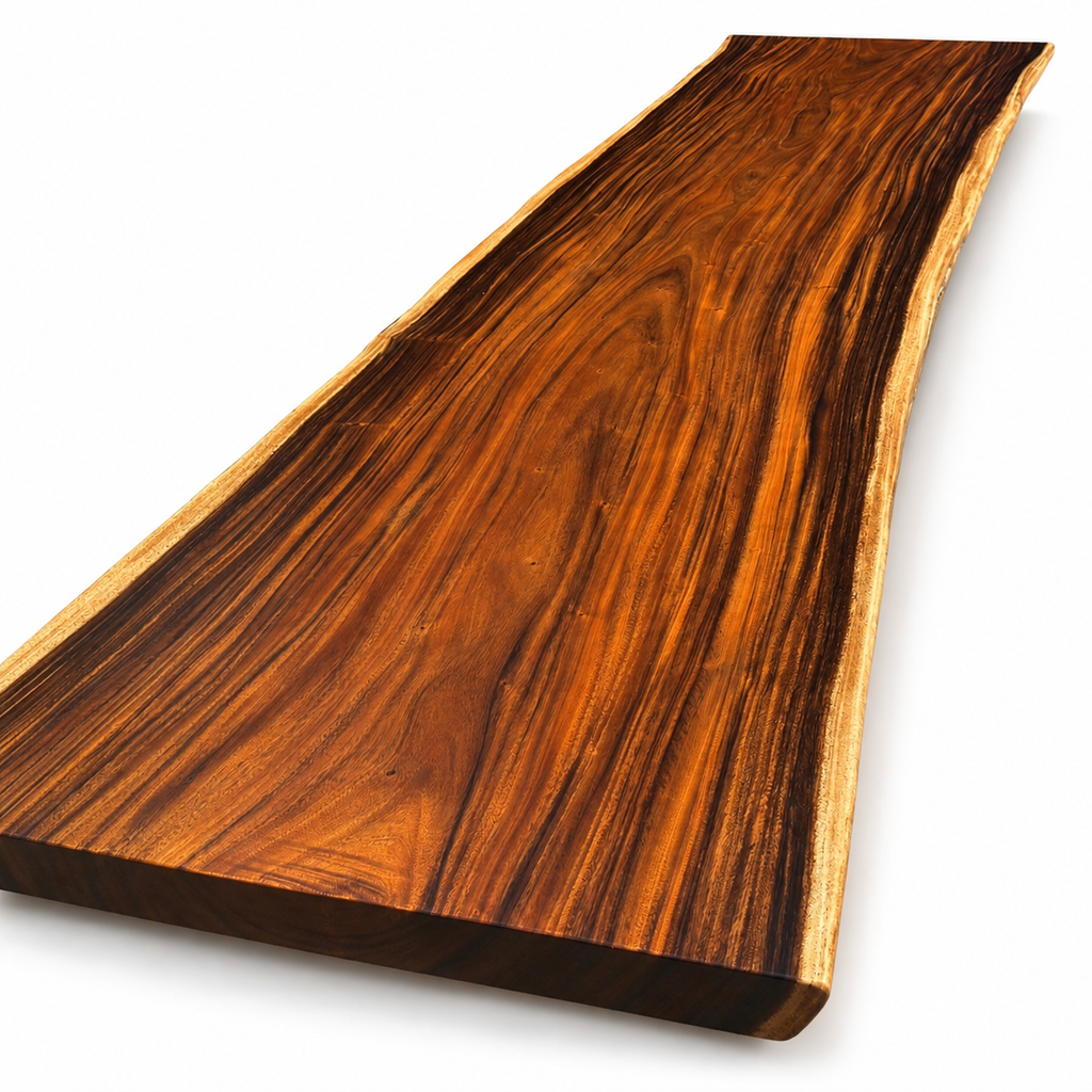 Sculptural Fiji Acacia Live Edge Dining Table with Floating Acrylic Legs Luxury Wood Tables