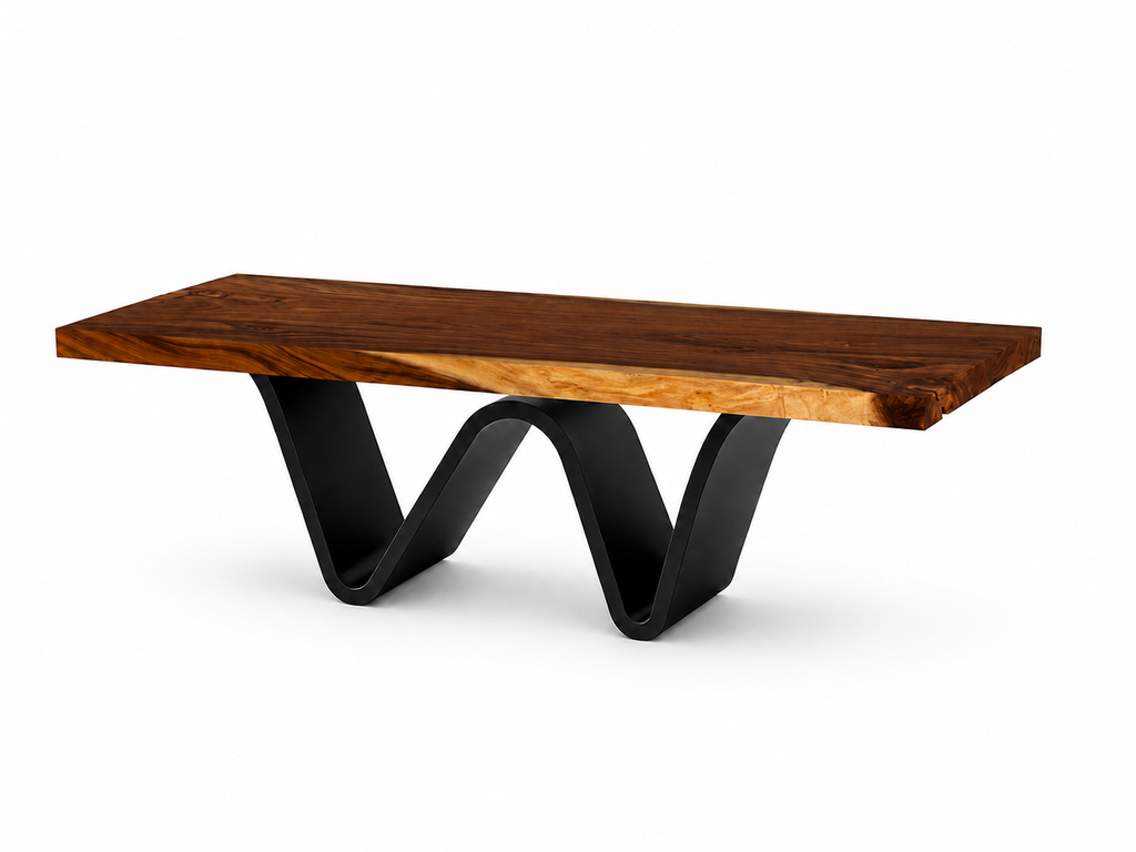 A modern rectangular dining table with a rich, dark brown live-edge wood top and a sculptural black metal base, shown on a clean white background.