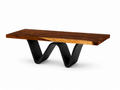 A modern rectangular dining table with a rich, dark brown live-edge wood top and a sculptural black metal base, shown on a clean white background.