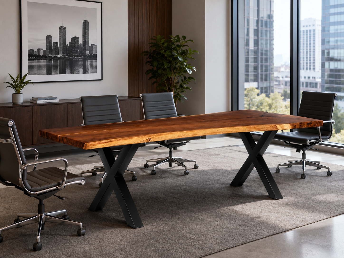Fiji Acacia Live Edge Slab Table with Modern X-Shaped Steel Base Luxury Wood Tables