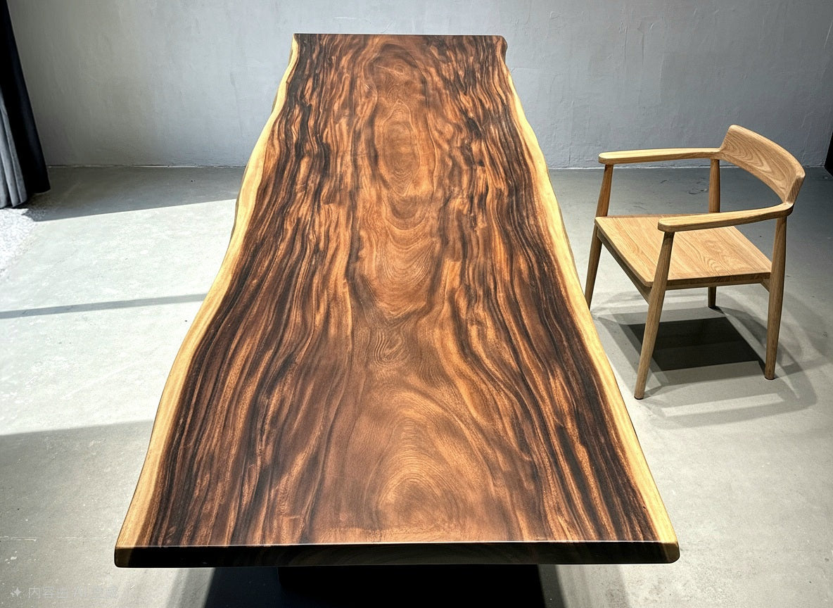 Fiji Acacia Live Edge Slab Table with Modern X-Shaped Steel Base Luxury Wood Tables