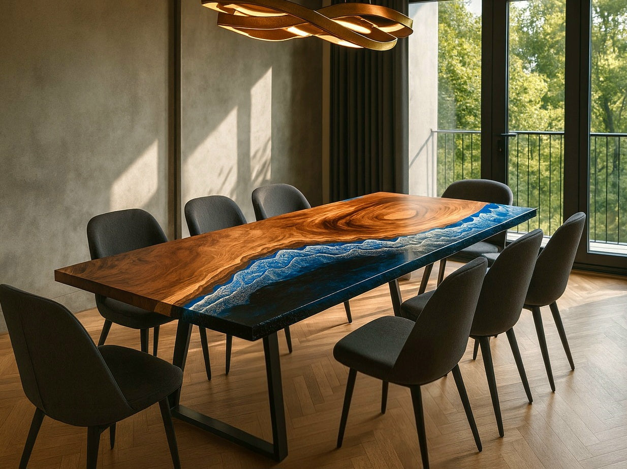 Luxury Epoxy Ocean Dining Table – Live Edge Wood & Dark Blue Resin Luxury Wood Tables