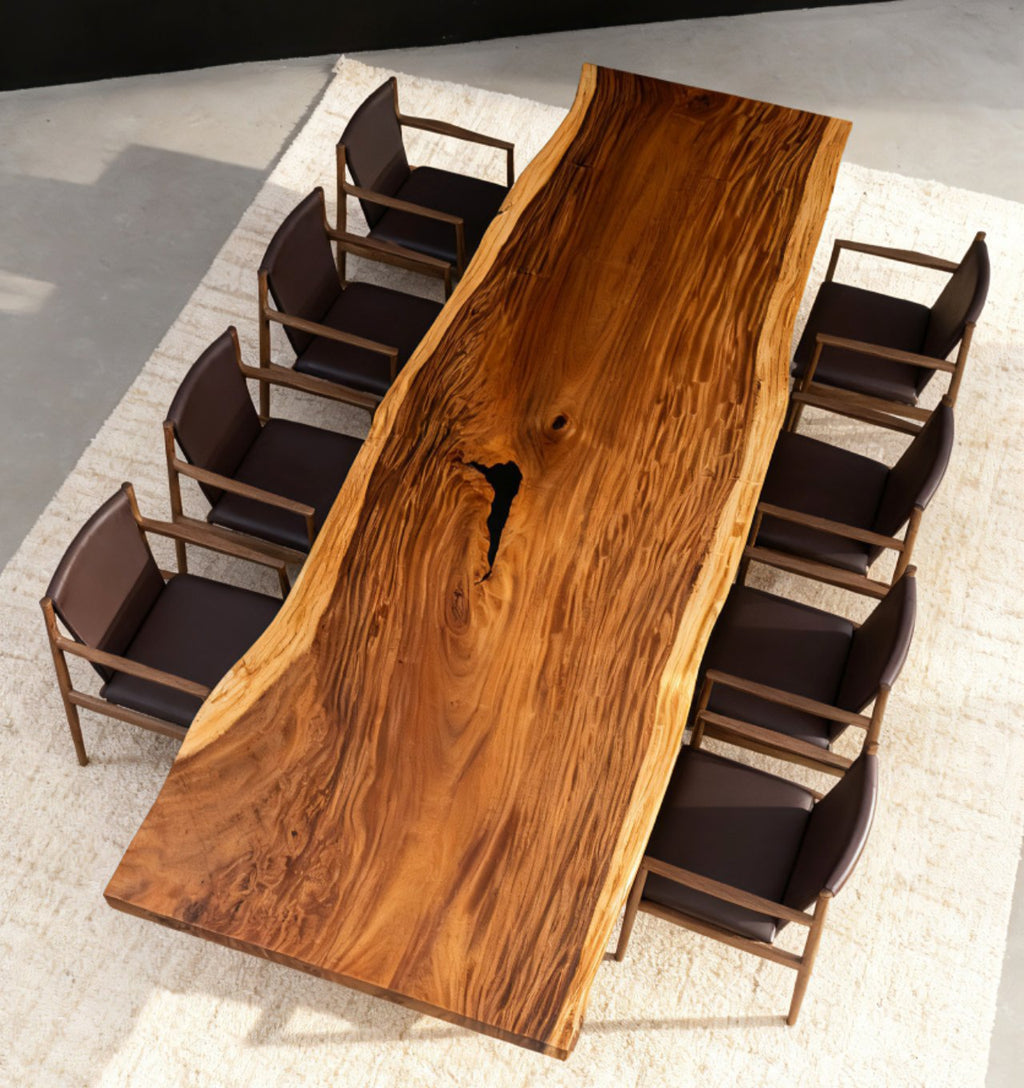 Fiji Acacia Live Edge Slab Table with Modern Cross-Shaped Steel Base Luxury Wood Tables