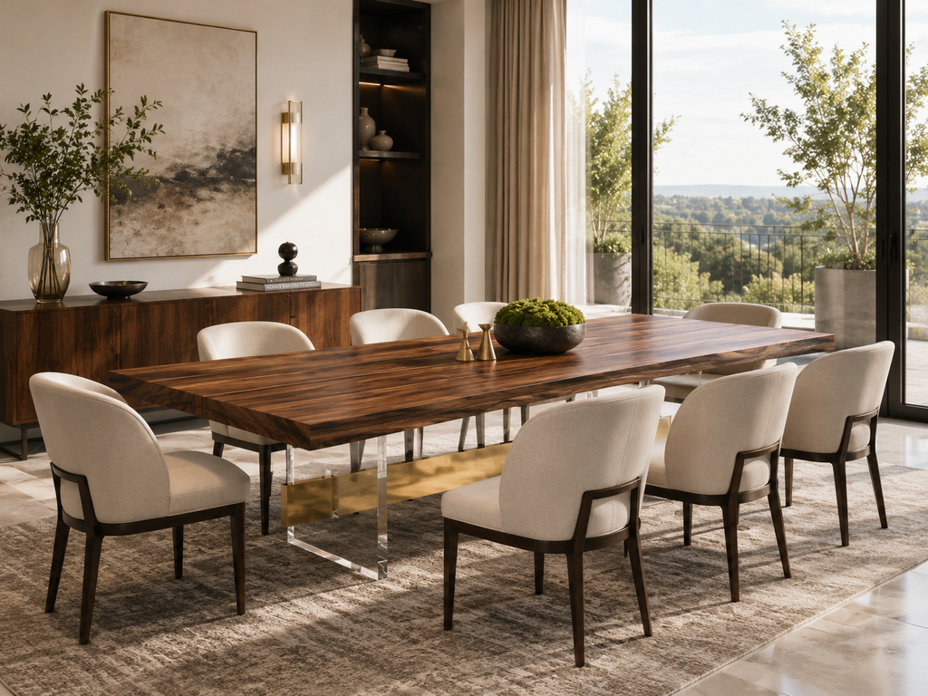 Sculptural Fiji Acacia Live Edge Dining Table with Floating Acrylic Legs Luxury Wood Tables