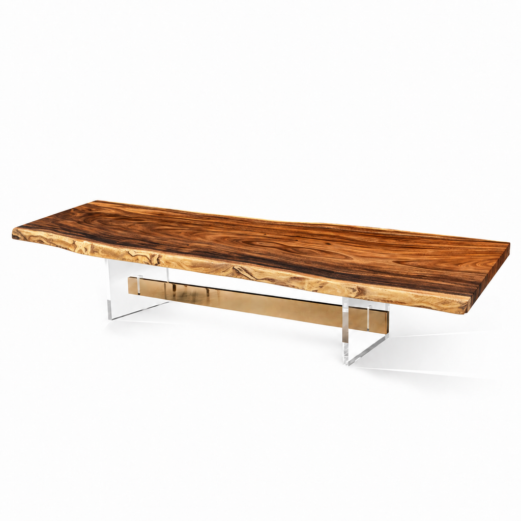 Sculptural Fiji Acacia Live Edge Dining Table with Floating Acrylic Legs Luxury Wood Tables