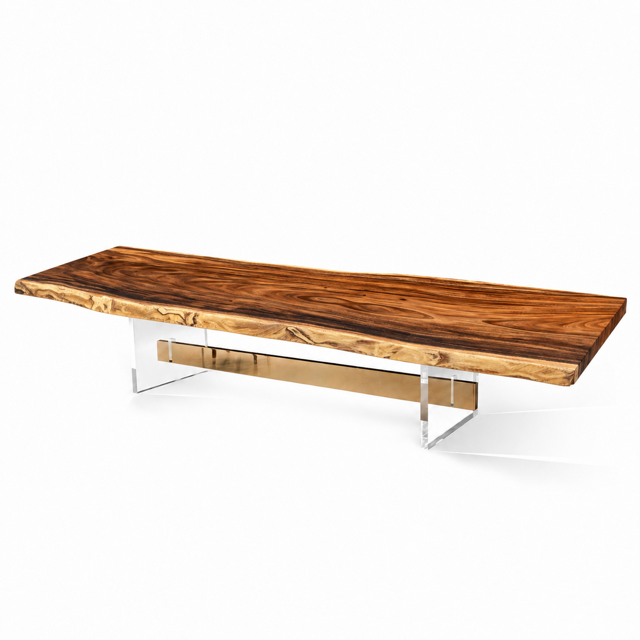 Sculptural Fiji Acacia Live Edge Dining Table with Floating Acrylic Legs Luxury Wood Tables