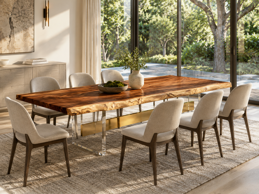 Sculptural Fiji Acacia Live Edge Dining Table with Floating Acrylic Legs Luxury Wood Tables