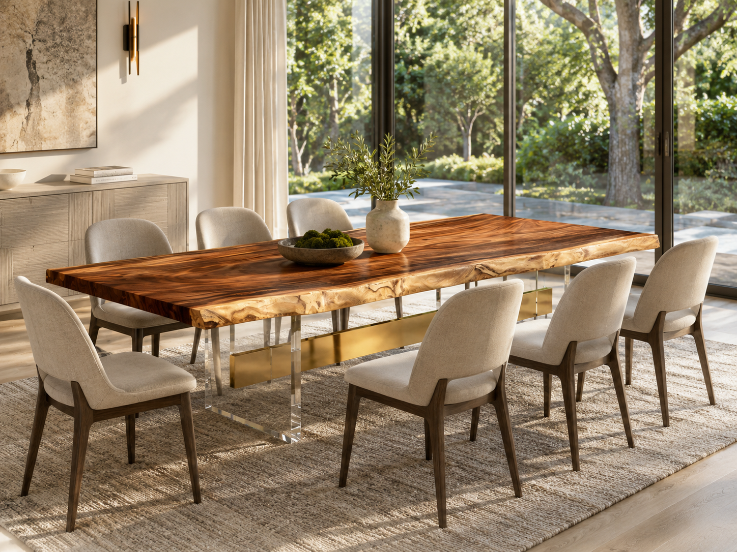 Sculptural Fiji Acacia Live Edge Dining Table with Floating Acrylic Legs Luxury Wood Tables