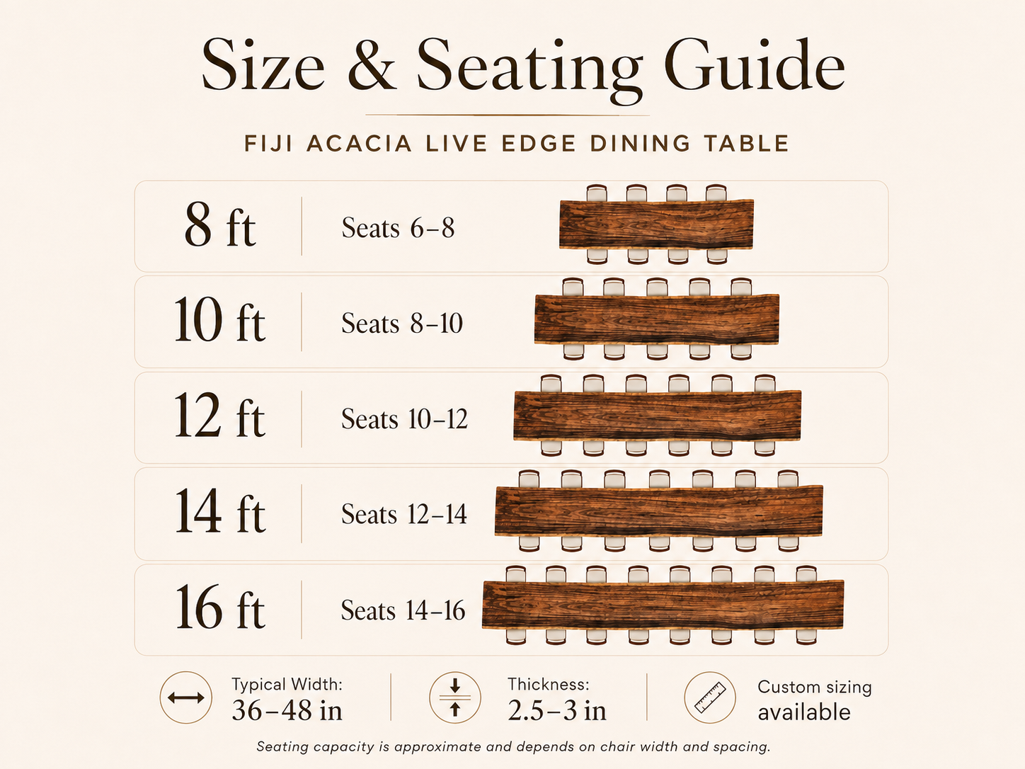 Sculptural Fiji Acacia Live Edge Dining Table with Floating Acrylic Legs Luxury Wood Tables