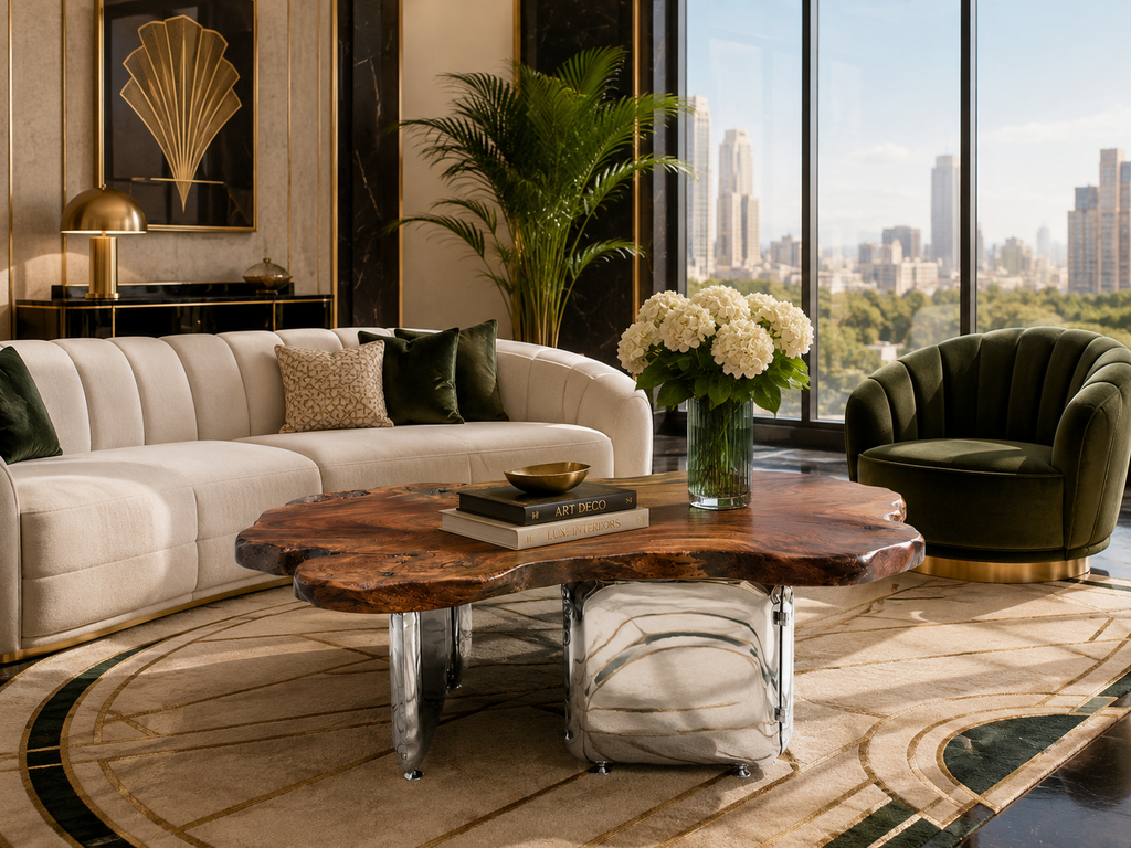 Flower Live edge Shaped Coffee Table with Stainless Steel Glass Standard Industrial Designer Table Base Luxury Wood Tables