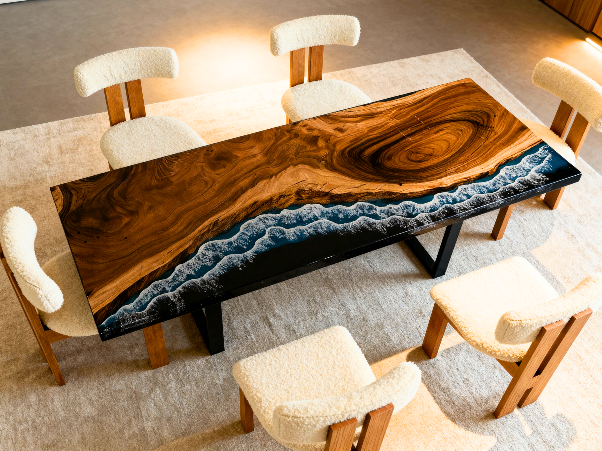 Luxury Epoxy Ocean Dining Table – Live Edge Wood & Dark Blue Resin Luxury Wood Tables