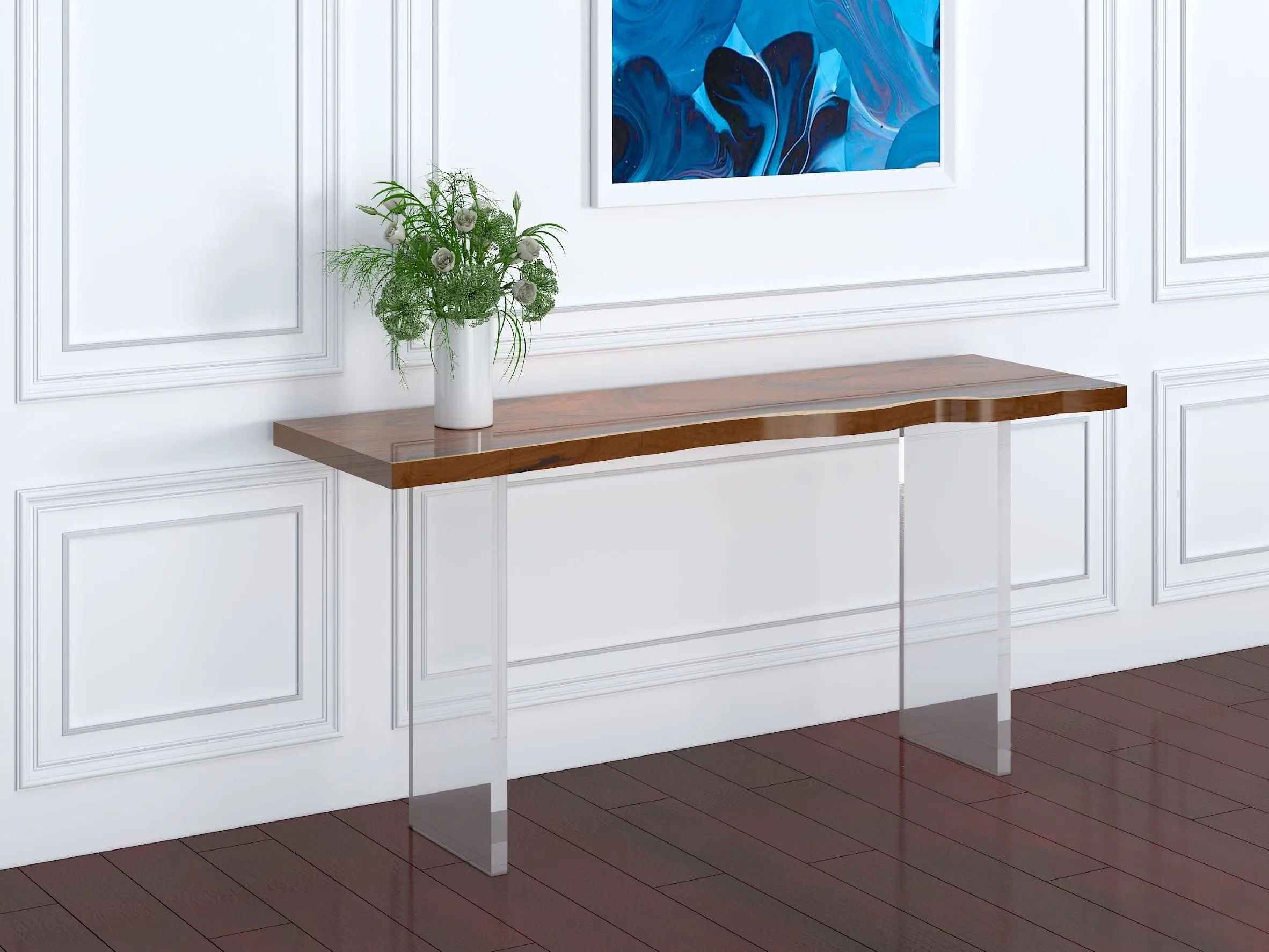 The Floating Live Edge Wood Console Table with Clear Acrylic Bases Luxury Wood Tables