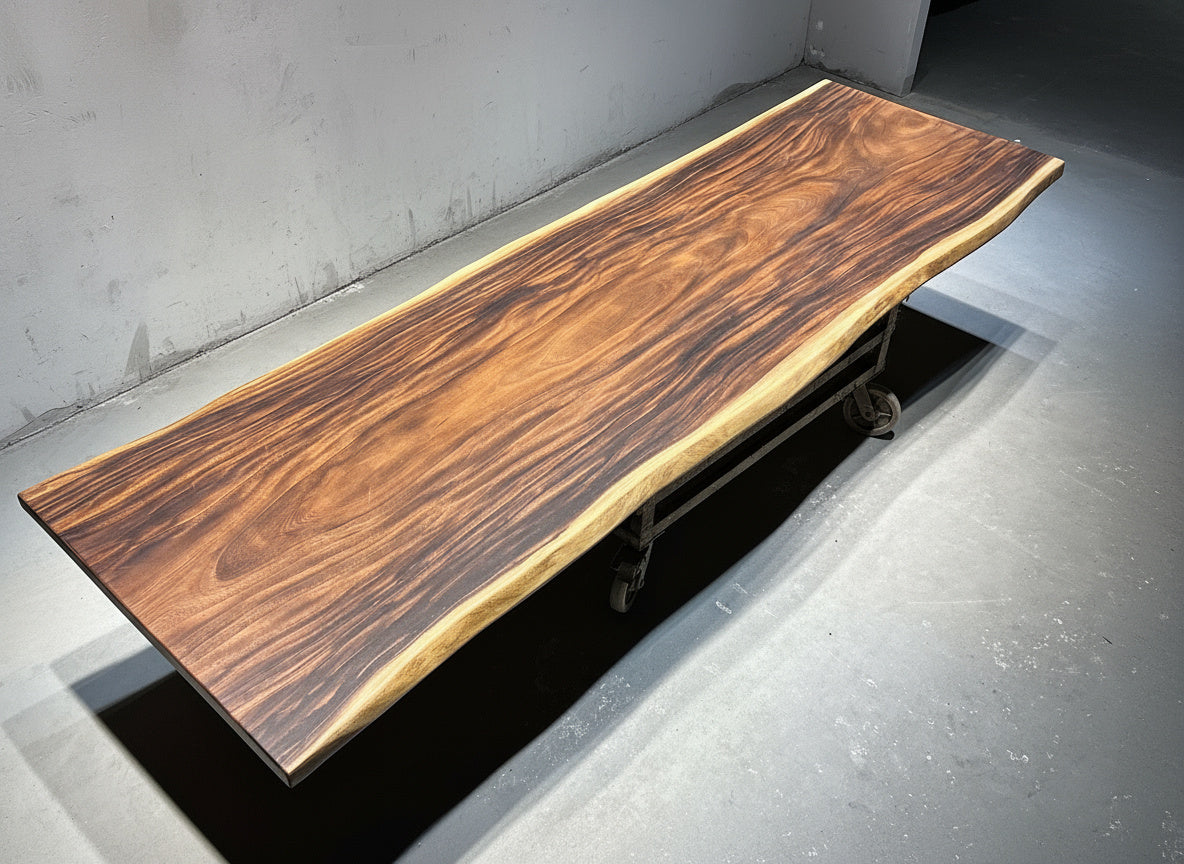 Fiji Acacia Live Edge Slab Table with Modern X-Shaped Steel Base Luxury Wood Tables