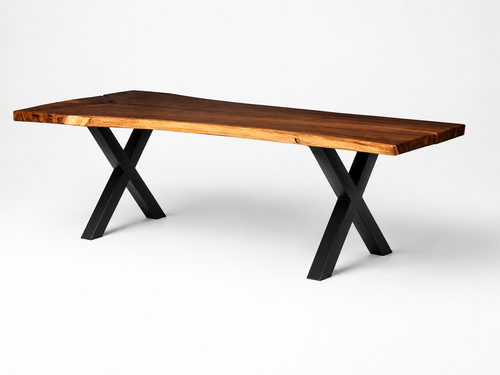 A live-edge wooden dining table with a warm medium-brown wood top and black metal X-shaped legs, shown on a clean white background.