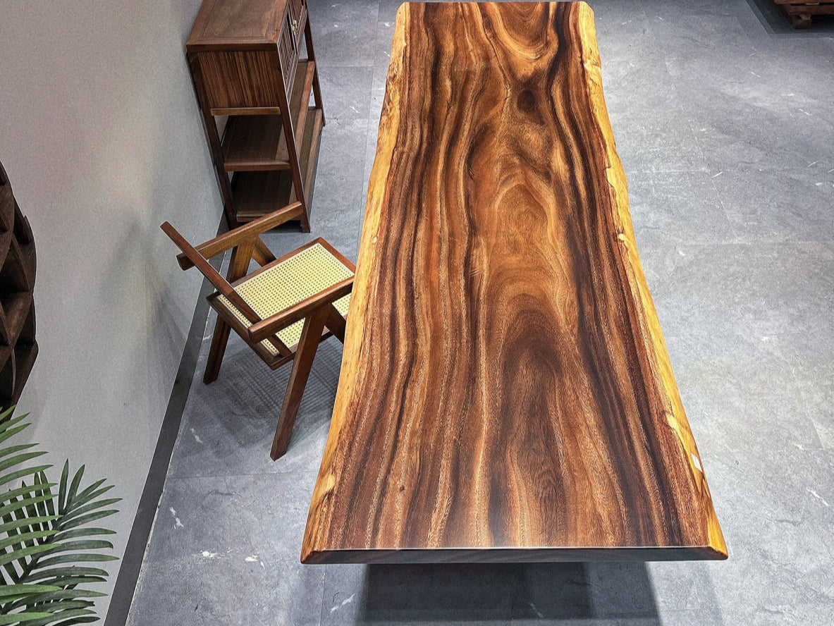 9.8ft x 40'' Seats for 12 ONE-PIECE Acacia Straighe Edge Wood Table With Metal Base Luxury Wood Tables