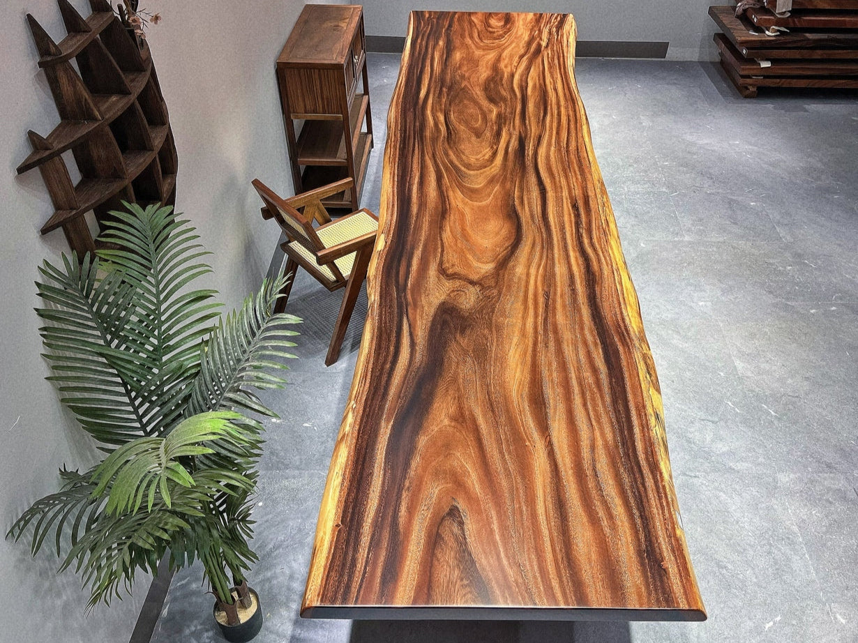 15ft x 46'' Conference Room Table ONE-PIECE Acacia Straighe Edge Wood Table With Metal Base (Copy) Luxury Wood Tables