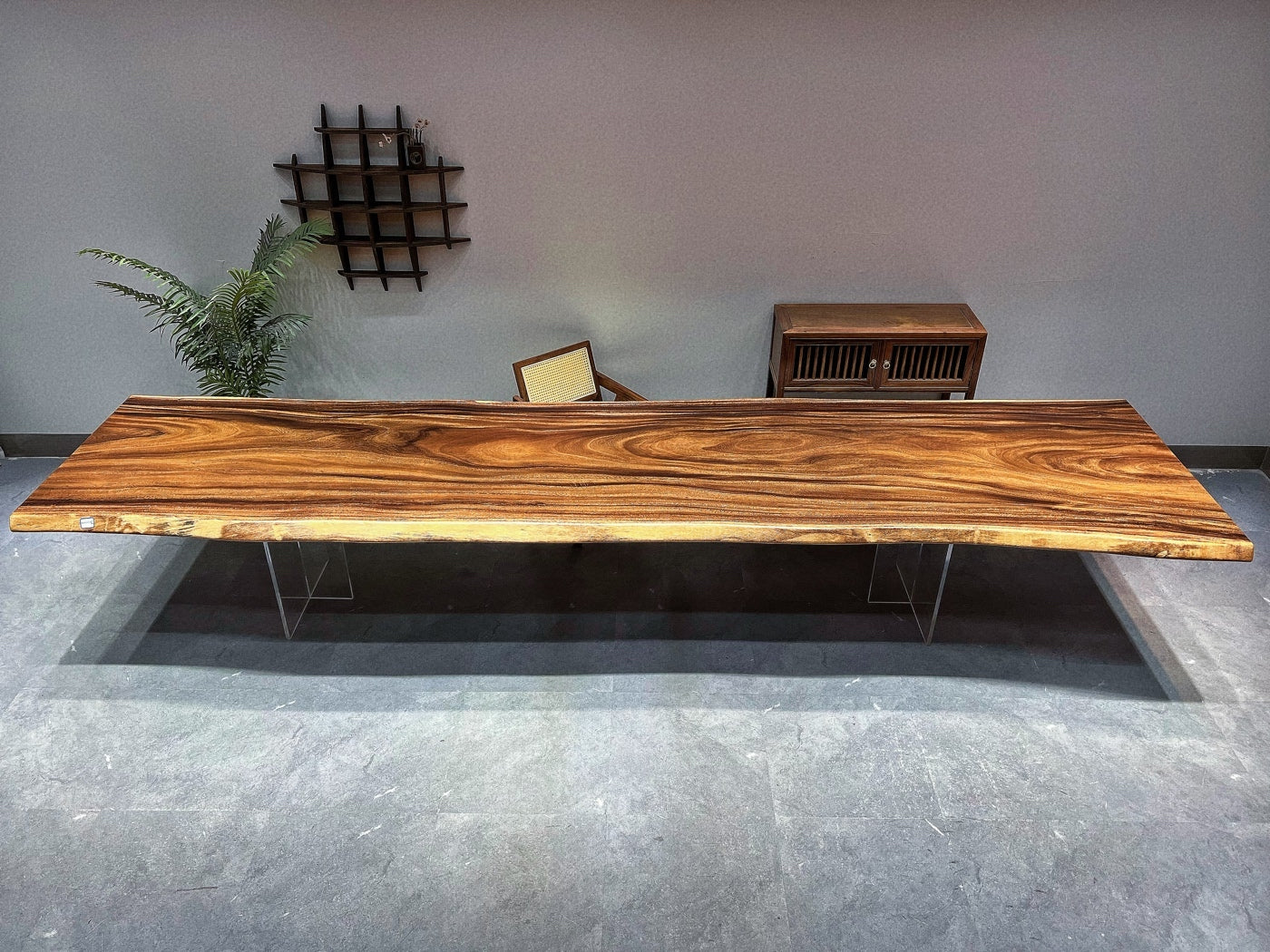 15ft x 46'' Conference Room Table ONE-PIECE Acacia Straighe Edge Wood Table With Metal Base (Copy) Luxury Wood Tables