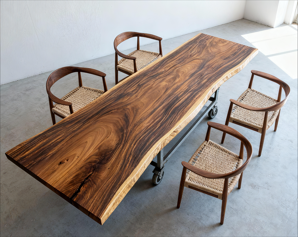 Fiji Acacia Live Edge Slab Table with Modern X-Shaped Steel Base Luxury Wood Tables