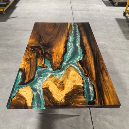 6/7/8/9ft Blue Ocean Style Resin Epoxy River Table With X-shaped Legs Luxury Wood Tables