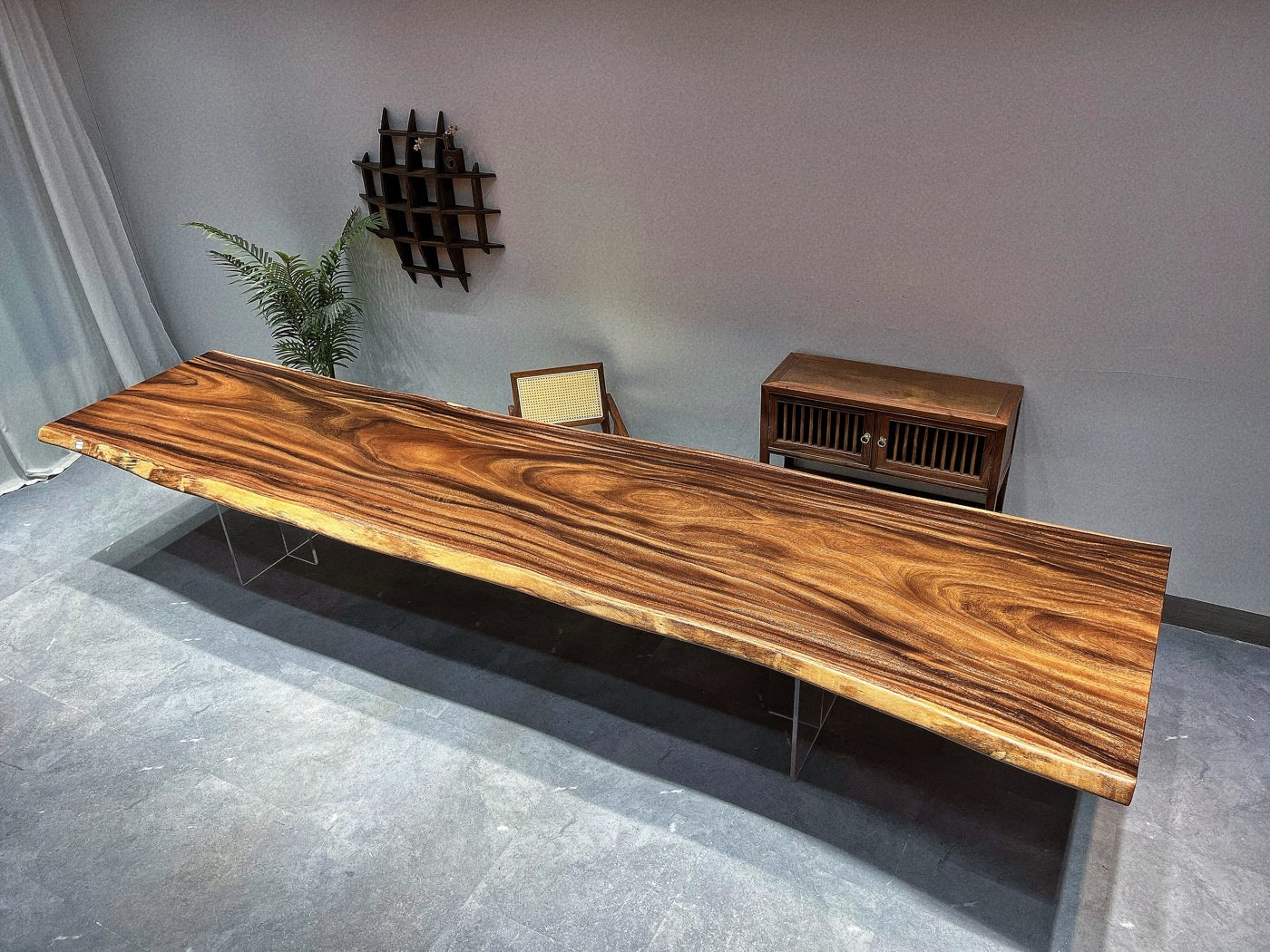 15ft x 46'' Conference Room Table ONE-PIECE Acacia Straighe Edge Wood Table With Metal Base (Copy) Luxury Wood Tables