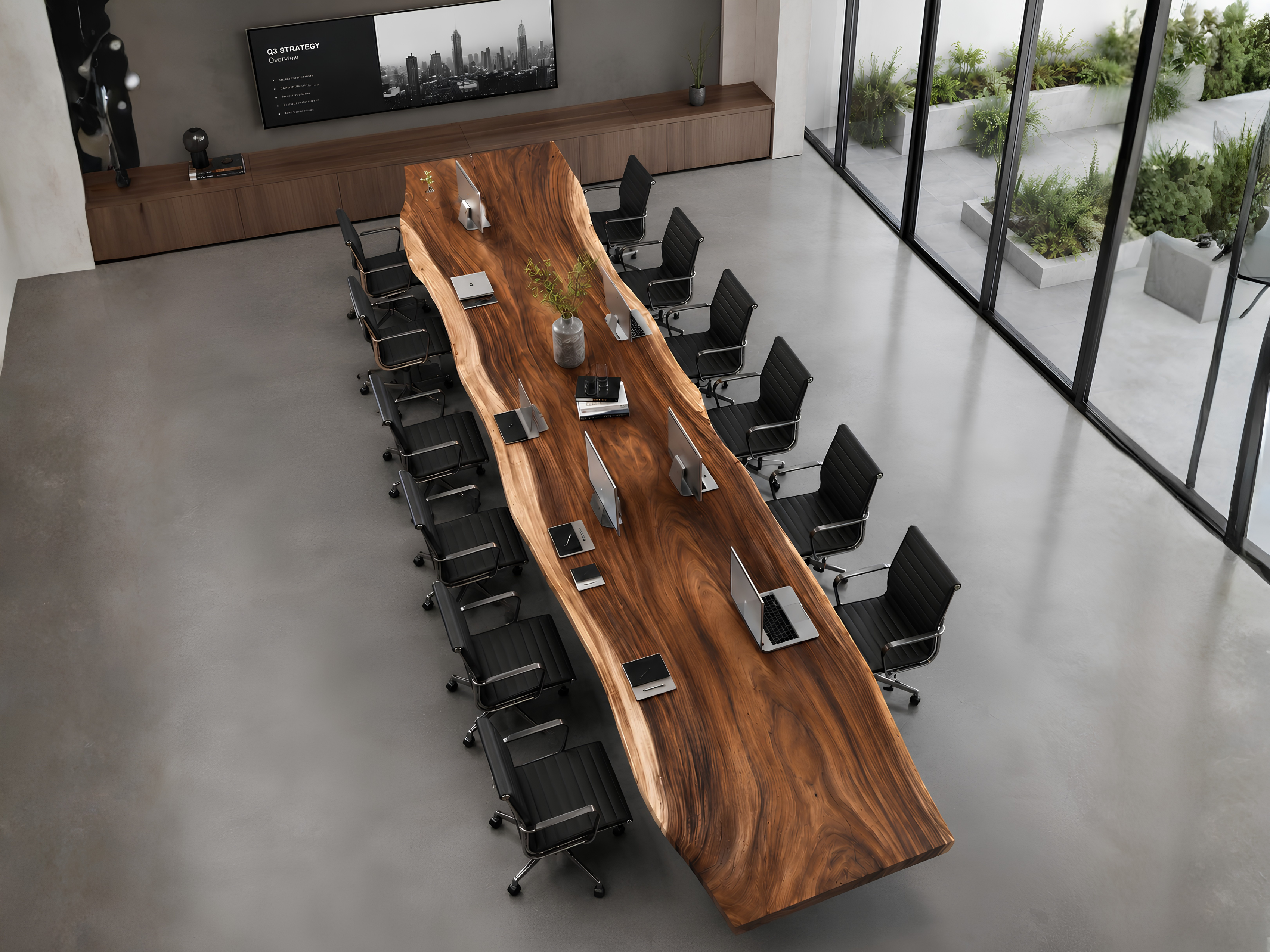 Extra-long Fiji acacia solid wood conference table in a modern boardroom