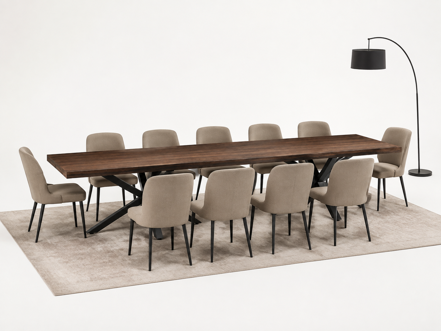 Extra-long solid wood table with ten chairs, beige rug and floor lamp